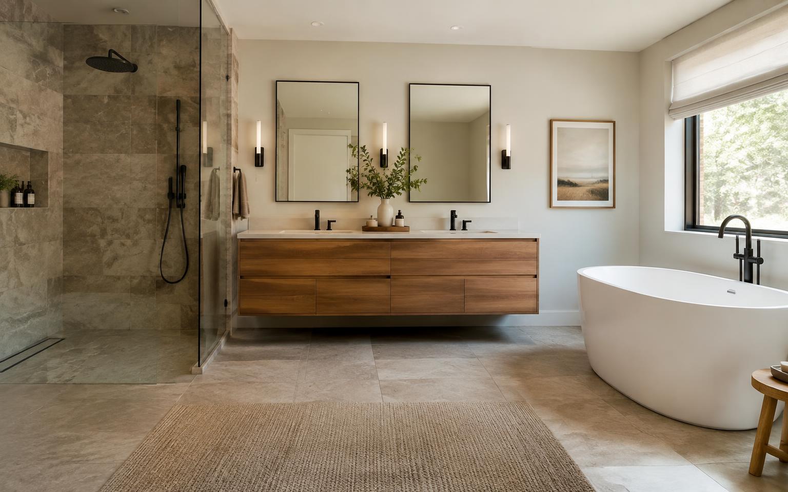 Primary bathroom remodel with a walk-in glass shower, floating wood vanity, and freestanding tub