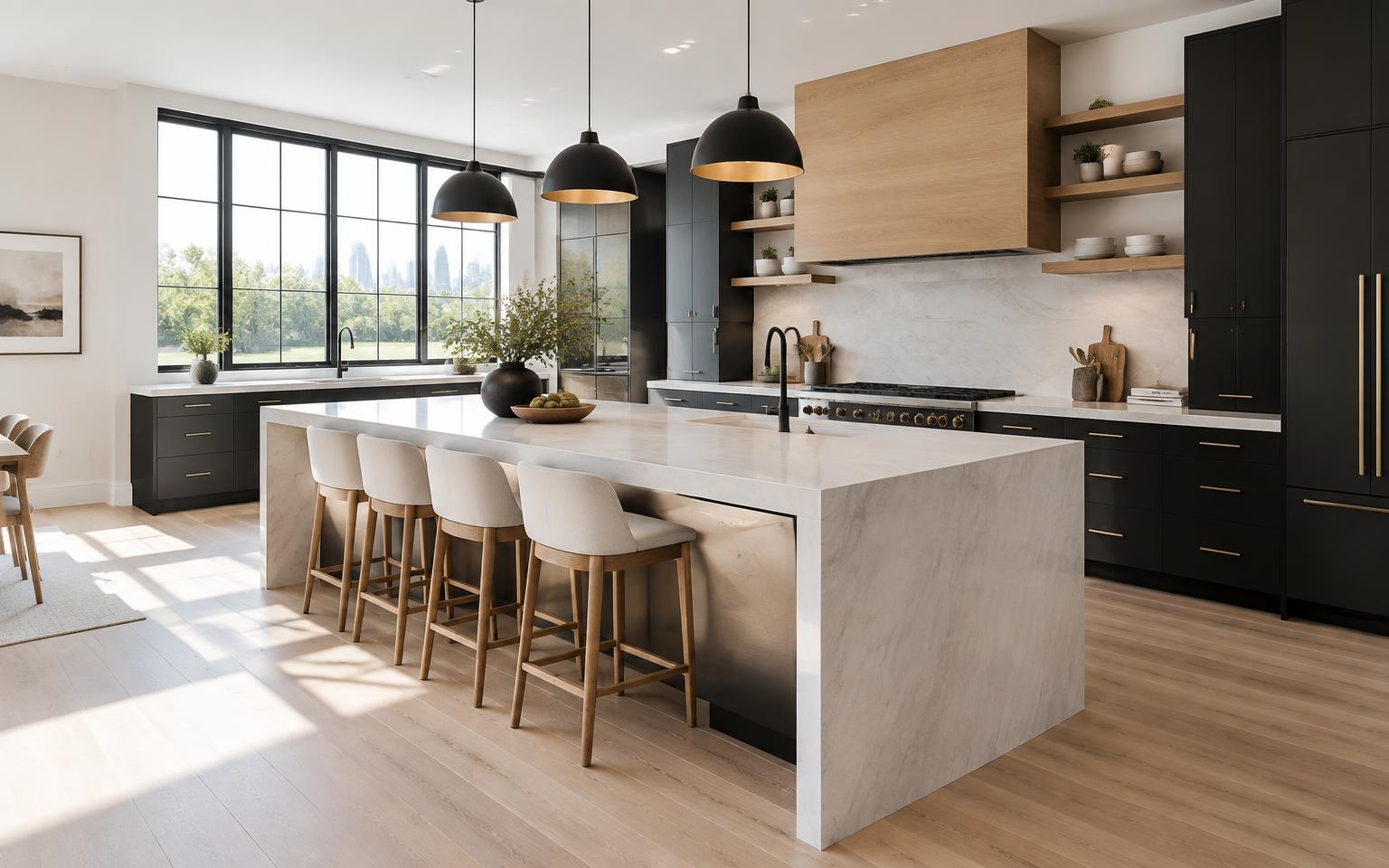 Open-concept kitchen remodel with a quartz waterfall island, matte black cabinetry, and white oak accents